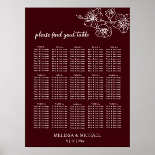 Deep Burgundy White Floral   Wedding Seating Chart