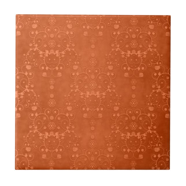 Deep Burnt Orange Fancy Damask Pattern Tile (Front)