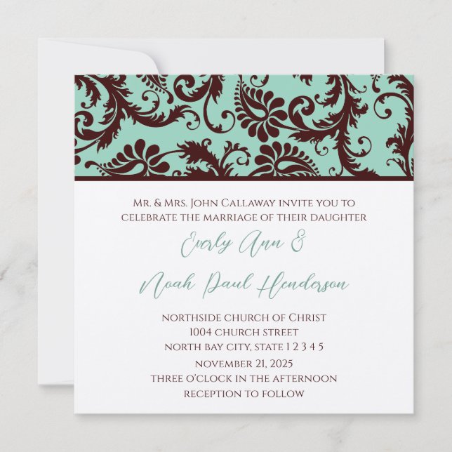 Deep Chocolate Brown Damask Wedding Invitation (Front)