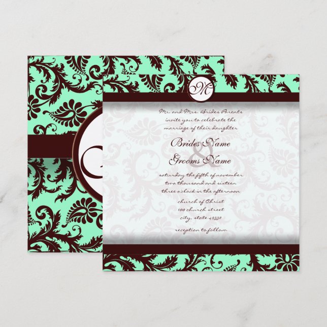 Deep Chocolate Brown Damask Wedding Invitation (Front/Back)