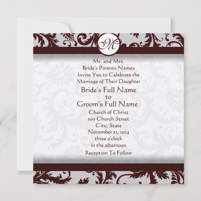 Deep Chocolate Brown Damask Wedding Invitation (Front)
