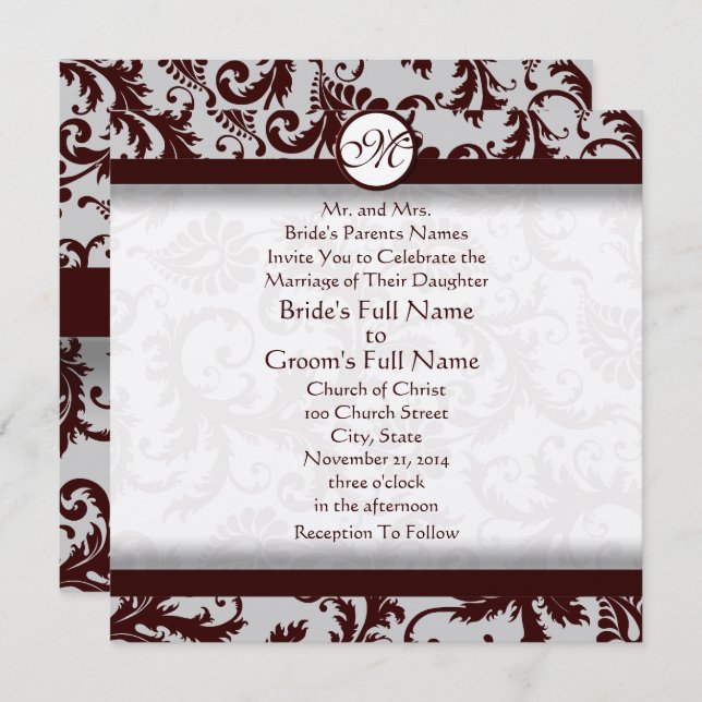 Deep Chocolate Brown Damask Wedding Invitation (Front/Back)