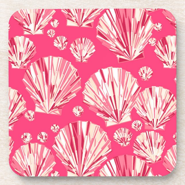 Deep Coral and Pastel Pink Sea Shells Coaster (Front)