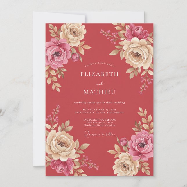 Deep Coral Petal Wedding Invitation (Front)