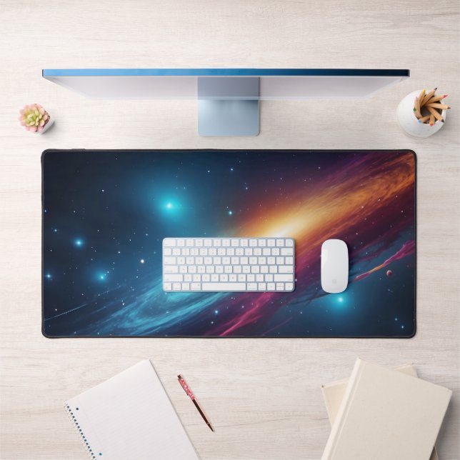 Deep Cosmic Cyan Magenta Abstract Space Nebula Desk Mat (Office 1)