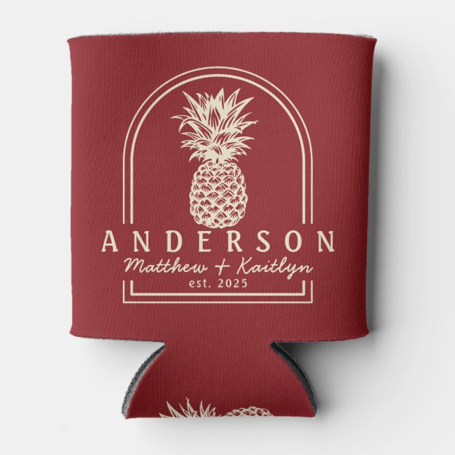 Deep Cranberry Pineapple Wedding Arch & Name Can Cooler (Front)