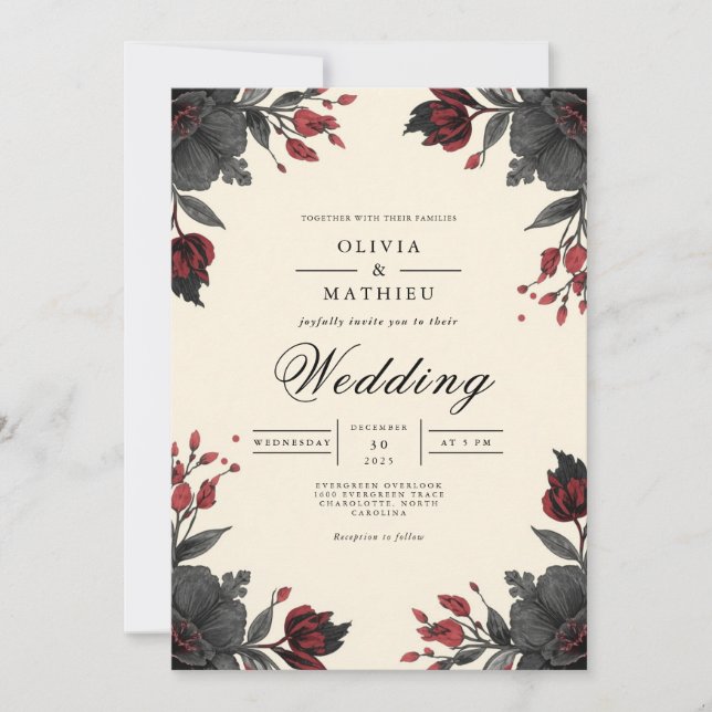 Deep Crimson Floral Corner Wedding Invitation (Front)