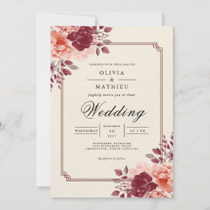 Deep Crimson Floral Romantic Wedding Invitation
