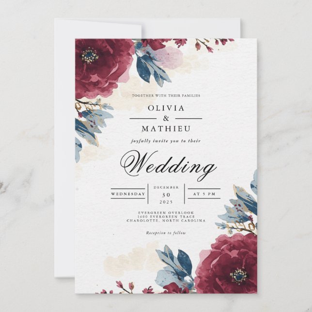 Deep Crimson Floral Swirl Wedding Invitation (Front)