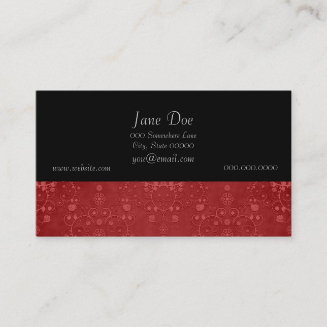 Deep Crimson Red Fancy Floral Damask Pattern Business Card (Front)