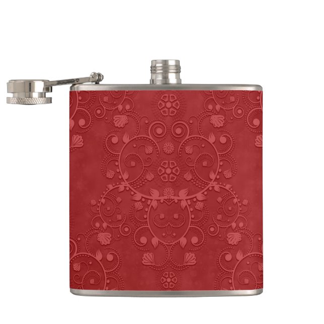 Deep Crimson Red Fancy Floral Damask Pattern Hip Flask (Opened)