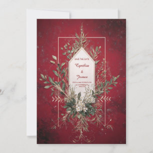 Deep Crimson Red Gold Geometric Greenery Wedding Invitation