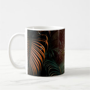 Deep dark green palm leaves pattern with bright or coffee mug