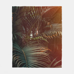 Deep dark green palm leaves pattern with bright or fleece blanket