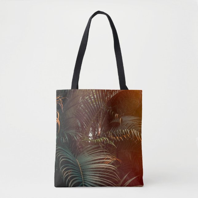 Deep dark green palm leaves pattern with bright or tote bag (Front)