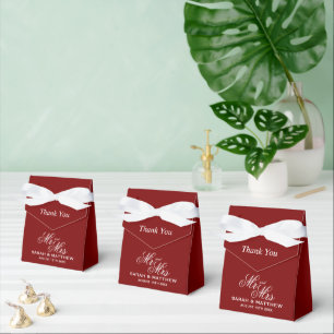 Deep dark red wedding favour boxes with white bow