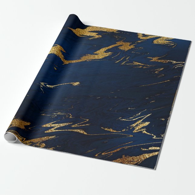 Deep Earth Gold Marble Blue Navy Wrapping Paper (Unrolled)
