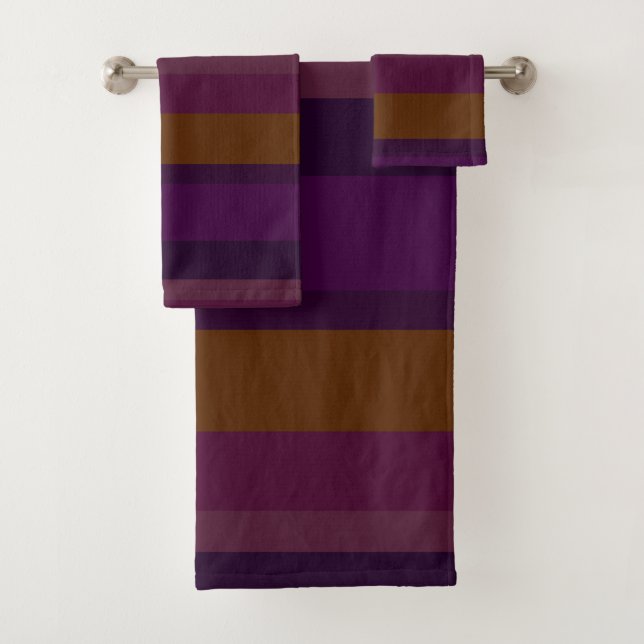 Deep Eggplant & Mustard Horizontal Stripes Bath Towel Set (Insitu)