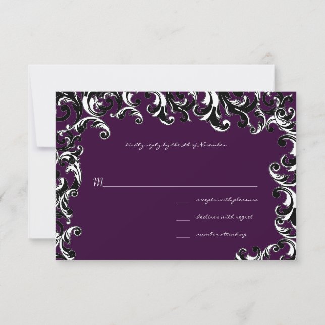 Deep EggPlant Square Swirl Wedding RSVP Card (Front)