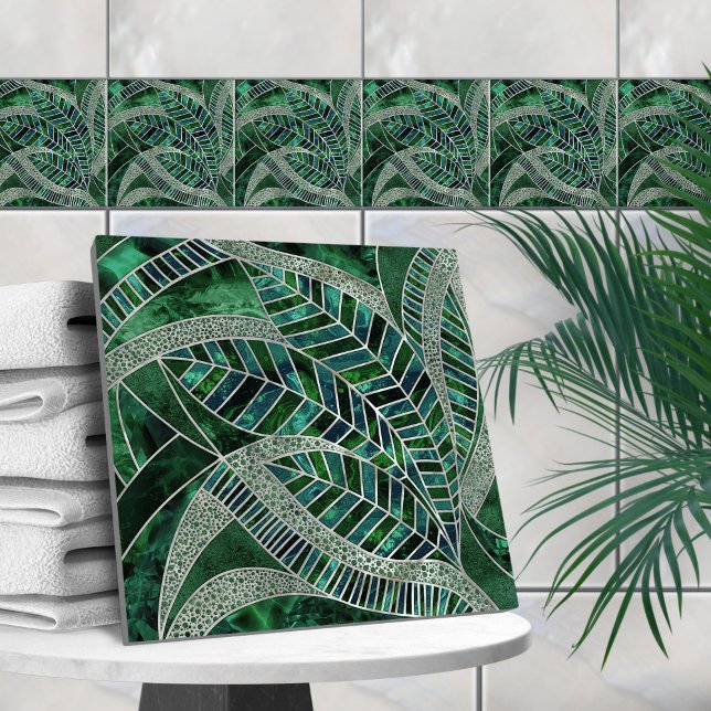 Deep Emerald and Pearl Mosaic Leaf Art Tile (Creator Uploaded)
