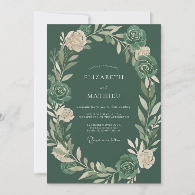 Deep Emerald Blossom Wedding Invitation (Front)