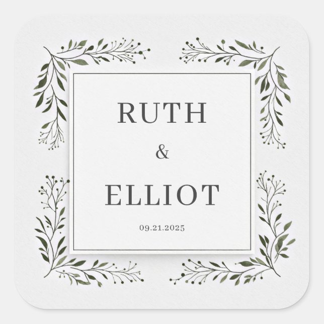 Deep Emerald Foliage Minimalist White Frame Square Sticker (Front)