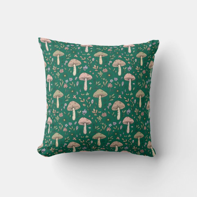 Deep Emerald Fungi Seamless Pattern Jewel Tone Cushion (Front)