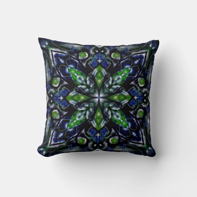 Deep Emerald Green & Blue Mandala Cushion (Front)
