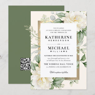 Deep Eucalyptus Rose Ivory&Gold Frame QR Wedding  Invitation