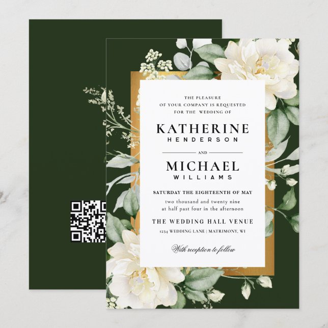 Deep Eucalyptus Rose Ivory&Gold Frame QR Wedding  Invitation (Front/Back)