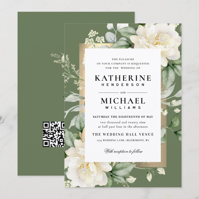Deep Eucalyptus Rose Ivory&Gold Frame QR Wedding  Invitation (Front/Back)