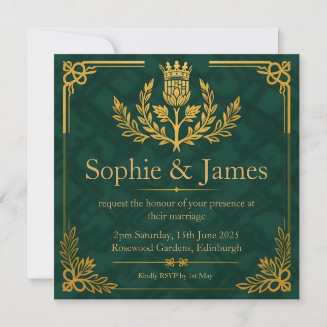 Deep Forest Green Tartan & Gold Invitation (Front)