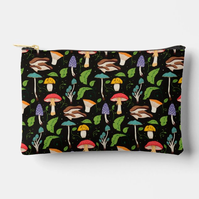 Deep Forest Magic: Colourful Mushrooms on Black Accessory Pouch (Front)