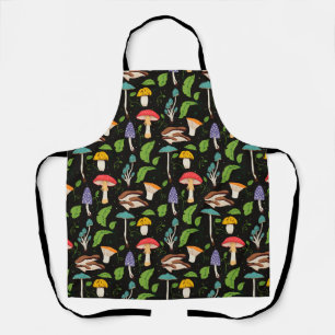 Deep Forest Magic: Colourful Mushrooms on Black Apron
