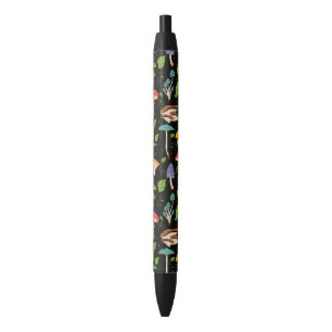 Deep Forest Magic: Colourful Mushrooms on Black Ink Pen