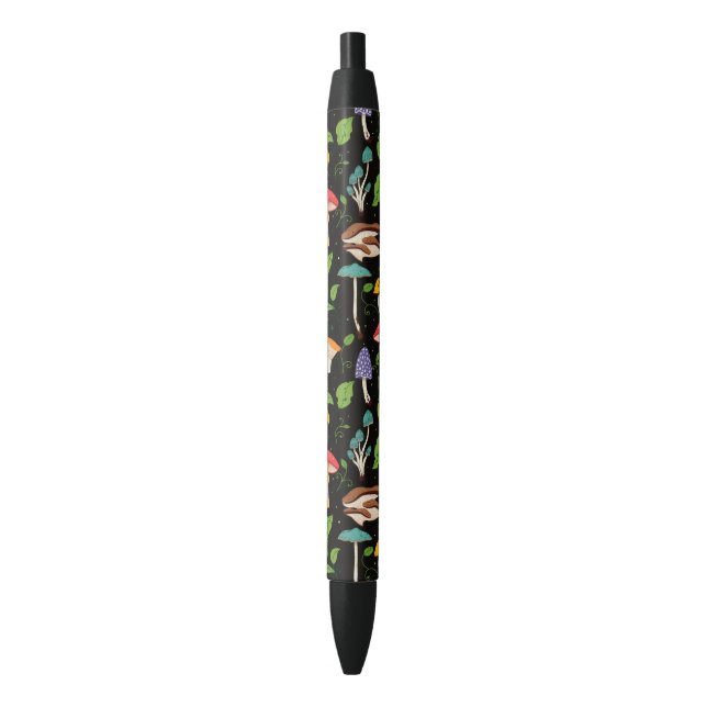 Deep Forest Magic: Colourful Mushrooms on Black Ink Pen (Front Vertical)