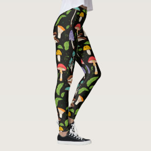 Deep Forest Magic: Colourful Mushrooms on Black Leggings
