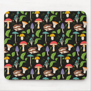 Deep Forest Magic: Colourful Mushrooms on Black Mouse Mat