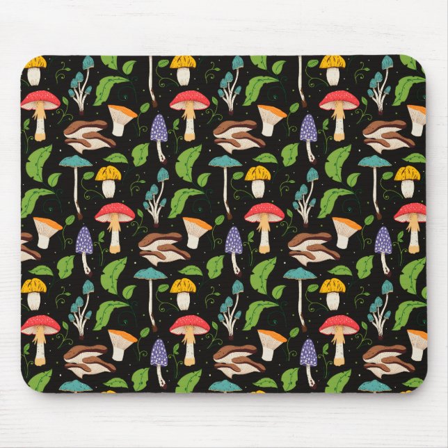 Deep Forest Magic: Colourful Mushrooms on Black Mouse Mat (Front)