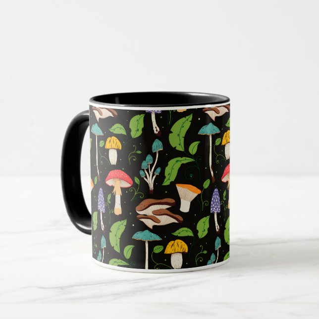 Deep Forest Magic: Colourful Mushrooms on Black Mug (Front Left)
