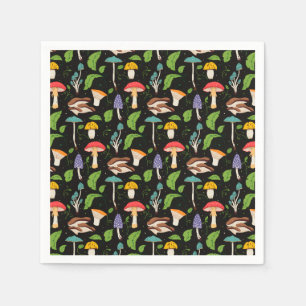 Deep Forest Magic: Colourful Mushrooms on Black Napkin