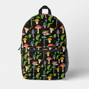 Deep Forest Magic: Colourful Mushrooms on Black Printed Backpack