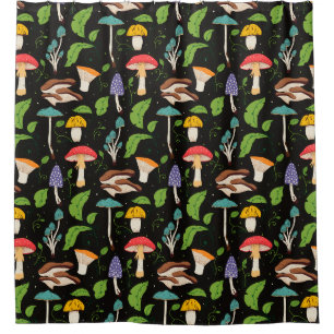 Deep Forest Magic: Colourful Mushrooms on Black Shower Curtain