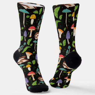 Deep Forest Magic: Colourful Mushrooms on Black Socks