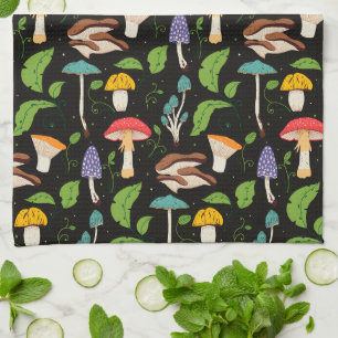 Deep Forest Magic: Colourful Mushrooms on Black Tea Towel