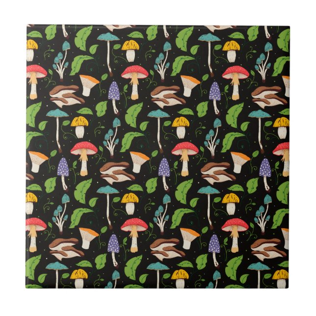Deep Forest Magic: Colourful Mushrooms on Black Tile (Front)