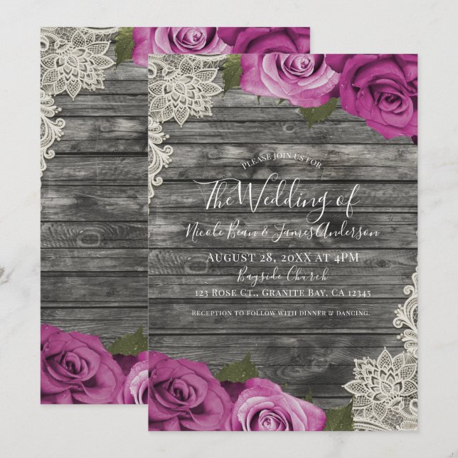 Deep Fuchsia Pink Grey Rustic Wood Lace Wedding Invitation (Front/Back)