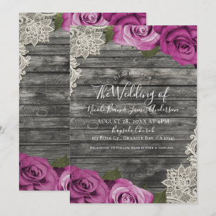 Deep Fuchsia Pink Grey Rustic Wood Lace Wedding Invitation