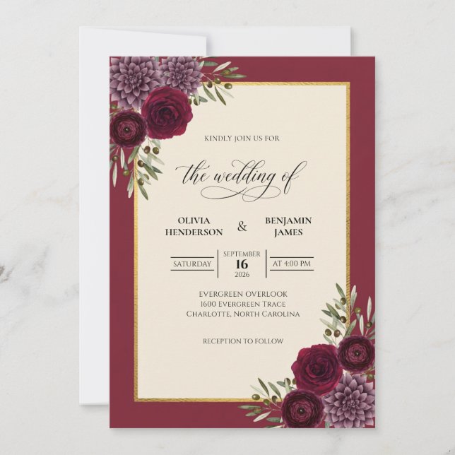 Deep Garnet Foliage Eucalyptus Wedding Invitation (Front)