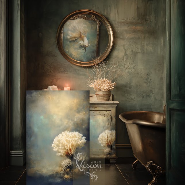 Deep Grace Cream Coral Teal Gold Seascape Tissue Paper (Large art print beside copper clawfoot bathtub moody teal bathroom round gold mirror)